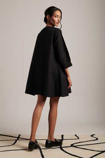 Moh India_Black Linen Round Neck Zarah Dress _Online_at_Aza_Fashions