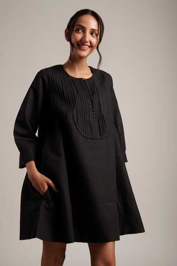 Shop_Moh India_Black Linen Round Neck Zarah Dress 