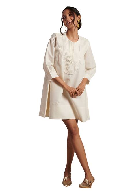 Buy_Moh India_Off White Linen Round Neck Zarah Short Dress _Online_at_Aza_Fashions