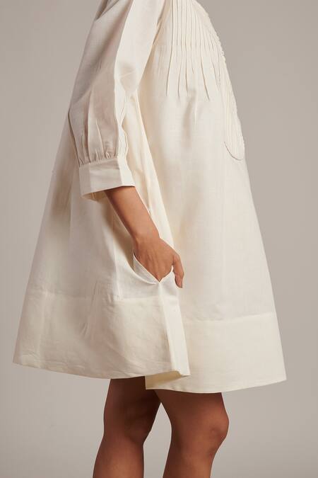Shop_Moh India_Off White Linen Round Neck Zarah Short Dress _Online_at_Aza_Fashions