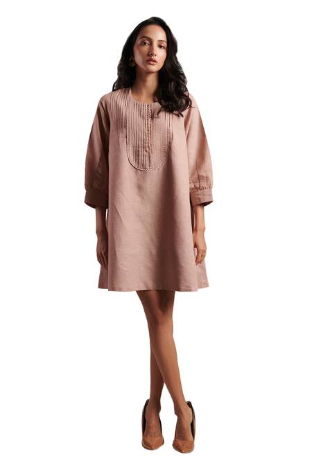 Moh India_Pink Linen Round Neck Zarah Plain Dress _Online_at_Aza_Fashions