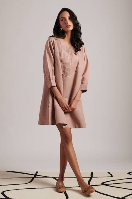 Buy_Moh India_Pink Linen Round Neck Zarah Plain Dress _Online_at_Aza_Fashions