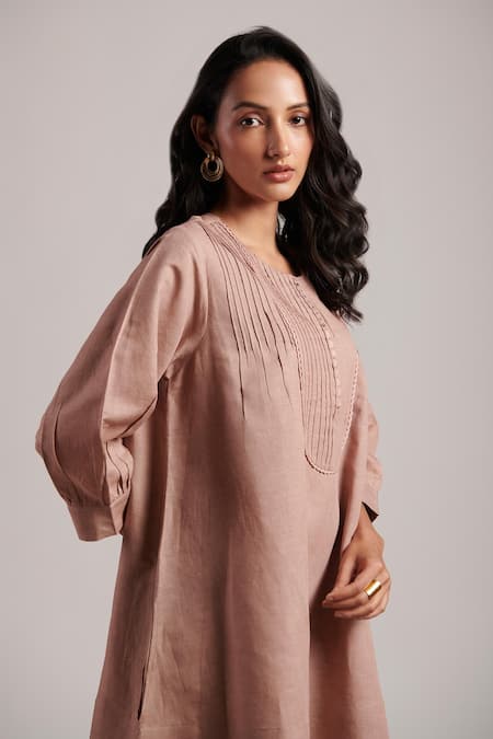 Shop_Moh India_Pink Linen Round Neck Zarah Plain Dress _Online_at_Aza_Fashions