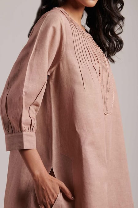Moh India_Pink Linen Round Neck Zarah Plain Dress _at_Aza_Fashions