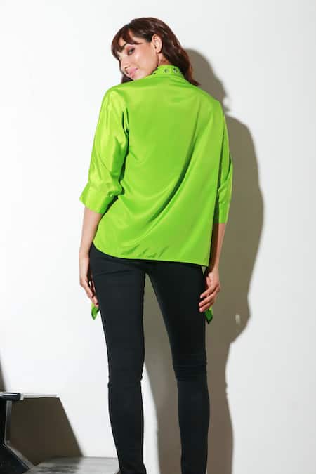 Shop Echke Green Crepe Collared Solid Asymmetric Shirt at Aza Fashions Shop_Echke_Green Crepe Collared Solid Asymmetric Shirt _at_Aza_Fashions