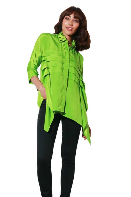 Buy Echke Green Crepe Collared Solid Asymmetric Shirt Online at Aza Fashions Buy_Echke_Green Crepe Collared Solid Asymmetric Shirt _Online_at_Aza_Fashions