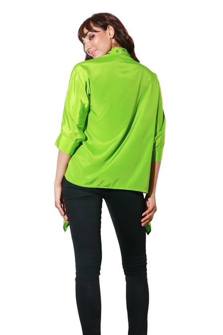 Buy Echke Green Crepe Collared Solid Asymmetric Shirt Buy_Echke_Green Crepe Collared Solid Asymmetric Shirt