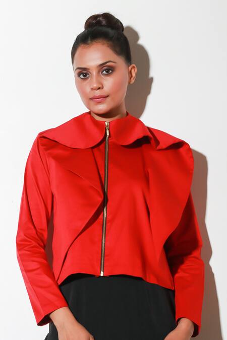 Echke Red Lycra Collared Solid Top Online at Aza Fashions Echke_Red Lycra Collared Solid Top _Online_at_Aza_Fashions