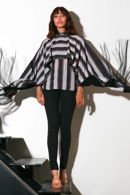 Echke_Black Rayon Tassels Collared Solid Shirt _Online_at_Aza_Fashions