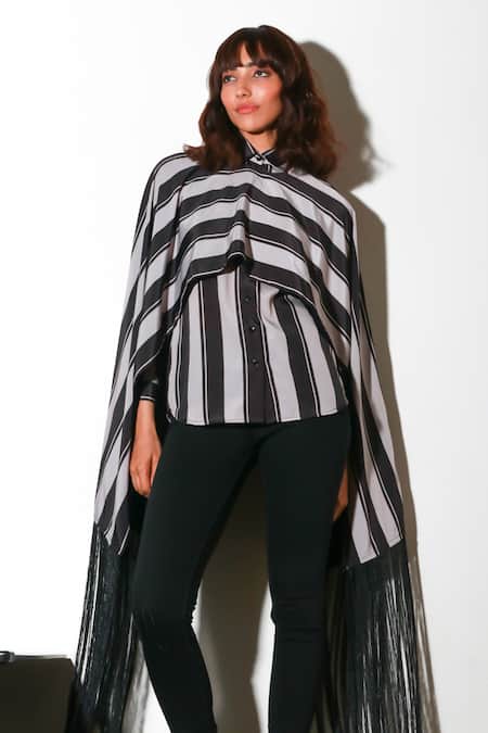 Buy_Echke_Black Rayon Tassels Collared Solid Shirt _Online_at_Aza_Fashions
