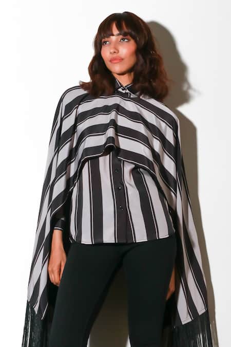 Shop_Echke_Black Rayon Tassels Collared Solid Shirt _Online_at_Aza_Fashions