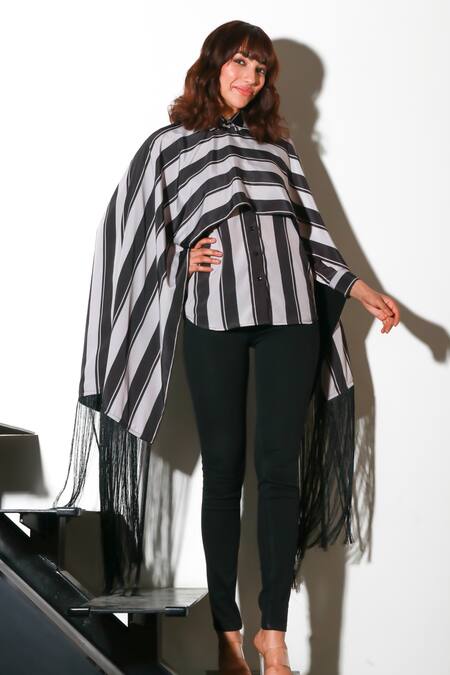 Echke_Black Rayon Tassels Collared Solid Shirt _at_Aza_Fashions