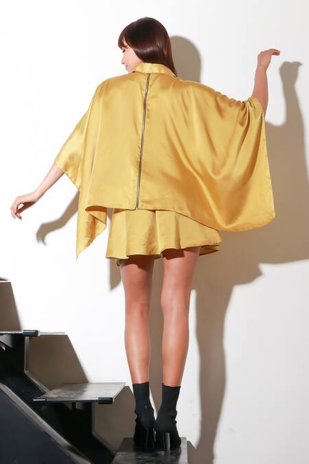 Shop Echke Yellow Crepe Collared Solid Front Buttoned Short D at Aza Fashions Shop_Echke_Yellow Crepe Collared Solid Front Buttoned Short D _at_Aza_Fashions