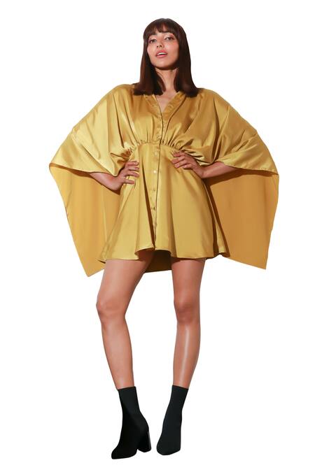 Echke Yellow Crepe Collared Solid Front Buttoned Short D Online at Aza Fashions Echke_Yellow Crepe Collared Solid Front Buttoned Short D _Online_at_Aza_Fashions
