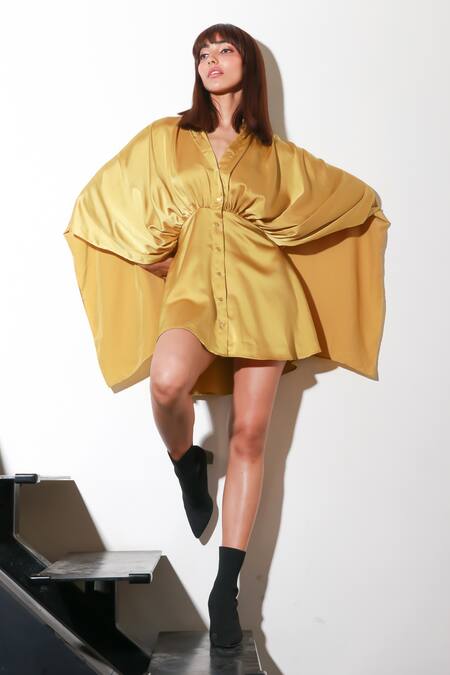 Shop Echke Yellow Crepe Collared Solid Front Buttoned Short D Online at Aza Fashions Shop_Echke_Yellow Crepe Collared Solid Front Buttoned Short D _Online_at_Aza_Fashions