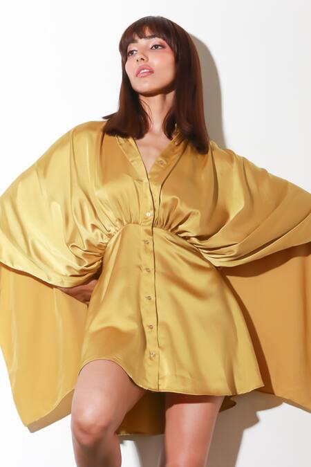 Echke Yellow Crepe Collared Solid Front Buttoned Short D at Aza Fashions Echke_Yellow Crepe Collared Solid Front Buttoned Short D _at_Aza_Fashions