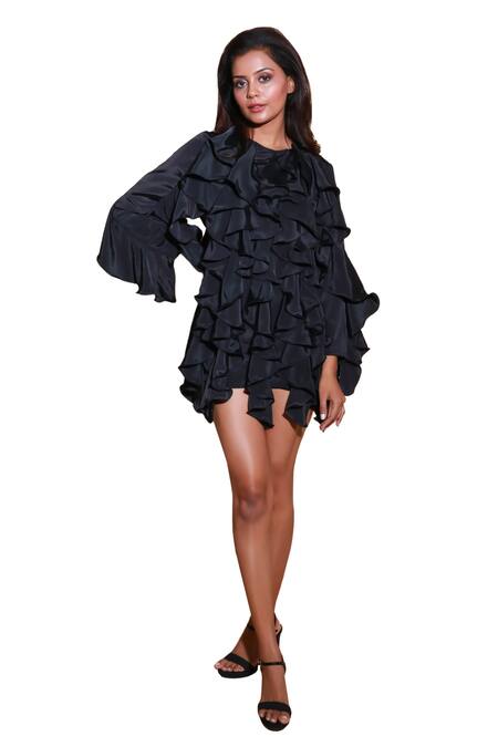 Echke Black Rayon Round Neck Solid Frilled Top Online at Aza Fashions Echke_Black Rayon Round Neck Solid Frilled Top _Online_at_Aza_Fashions