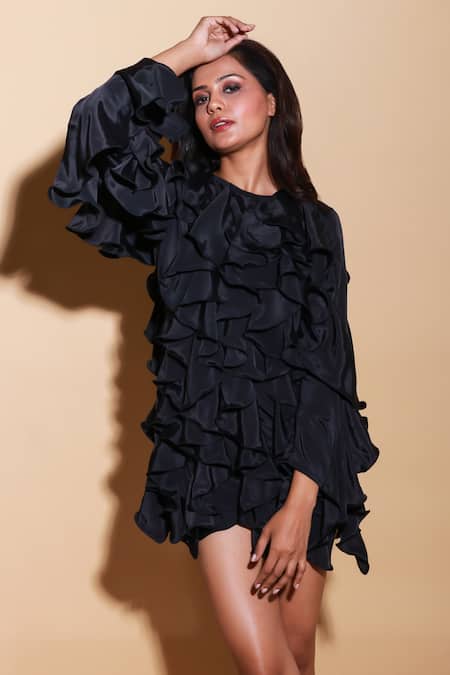 Shop Echke Black Rayon Round Neck Solid Frilled Top Online at Aza Fashions Shop_Echke_Black Rayon Round Neck Solid Frilled Top _Online_at_Aza_Fashions