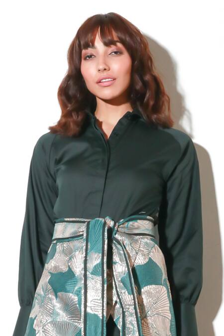 Echke Green Lycra Embroidery Collared Floral Print Shirt Online at Aza Fashions Echke_Green Lycra Embroidery Collared Floral Print Shirt _Online_at_Aza_Fashions