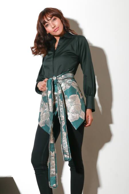 Buy Echke Green Lycra Embroidery Collared Floral Print Shirt Buy_Echke_Green Lycra Embroidery Collared Floral Print Shirt