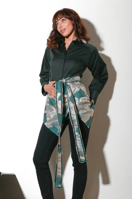 Shop Echke Green Lycra Embroidery Collared Floral Print Shirt Shop_Echke_Green Lycra Embroidery Collared Floral Print Shirt