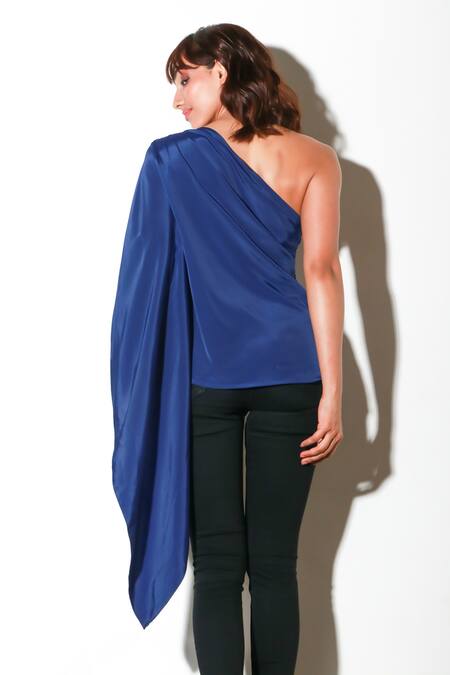 Shop Echke Blue Crepe Diamonds One Shoulder Solid Draped Top at Aza Fashions Shop_Echke_Blue Crepe Diamonds One Shoulder Solid Draped Top _at_Aza_Fashions