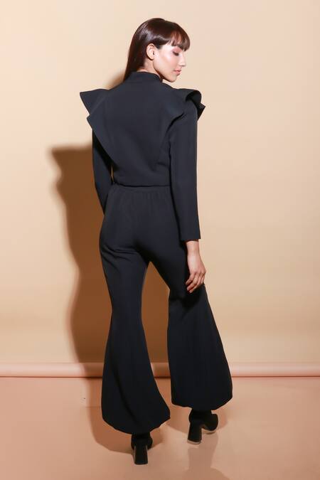 Shop Echke Black Crepe Collared Solid Jacket And Harem Pant Set at Aza Fashions Shop_Echke_Black Crepe Collared Solid Jacket And Harem Pant Set _at_Aza_Fashions