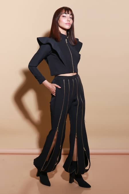 Shop Echke Black Crepe Collared Solid Jacket And Harem Pant Set Online at Aza Fashions Shop_Echke_Black Crepe Collared Solid Jacket And Harem Pant Set _Online_at_Aza_Fashions
