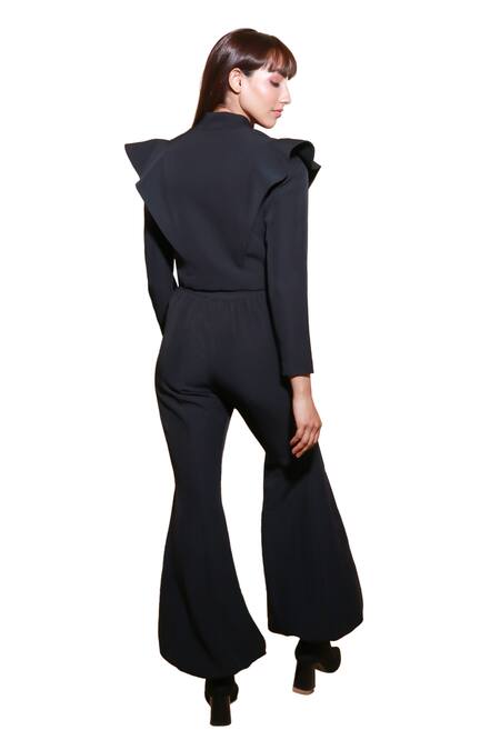 Shop Echke Black Crepe Collared Solid Jacket And Harem Pant Set Shop_Echke_Black Crepe Collared Solid Jacket And Harem Pant Set
