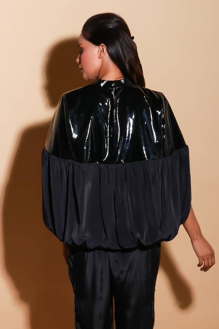 Shop Echke Black Faux Leather High Neck Solid Balloon Sleeve Top And Pant Set at Aza Fashions Shop_Echke_Black Faux Leather High Neck Solid Balloon Sleeve Top And Pant Set _at_Aza_Fashions