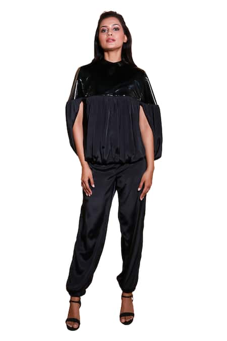 Echke Black Faux Leather High Neck Solid Balloon Sleeve Top And Pant Set Online at Aza Fashions Echke_Black Faux Leather High Neck Solid Balloon Sleeve Top And Pant Set _Online_at_Aza_Fashions
