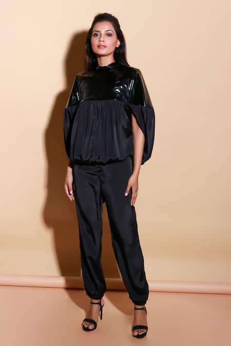 Buy Echke Black Faux Leather High Neck Solid Balloon Sleeve Top And Pant Set Online at Aza Fashions Buy_Echke_Black Faux Leather High Neck Solid Balloon Sleeve Top And Pant Set _Online_at_Aza_Fashions