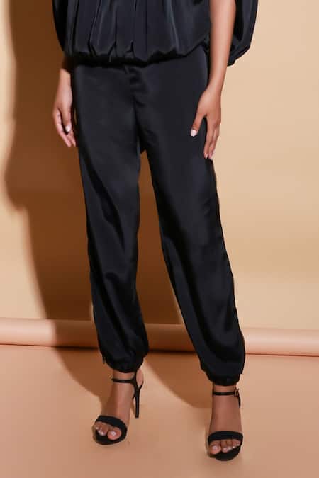Shop Echke Black Faux Leather High Neck Solid Balloon Sleeve Top And Pant Set Online at Aza Fashions Shop_Echke_Black Faux Leather High Neck Solid Balloon Sleeve Top And Pant Set _Online_at_Aza_Fashions