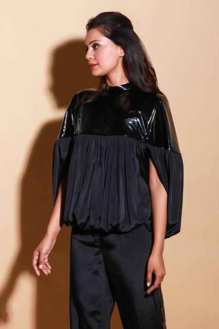 Echke Black Faux Leather High Neck Solid Balloon Sleeve Top And Pant Set at Aza Fashions Echke_Black Faux Leather High Neck Solid Balloon Sleeve Top And Pant Set _at_Aza_Fashions