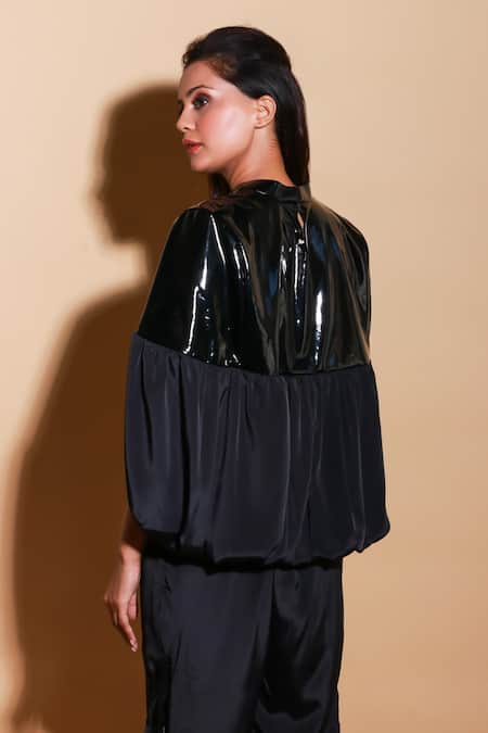 Buy Echke Black Faux Leather High Neck Solid Balloon Sleeve Top And Pant Set Buy_Echke_Black Faux Leather High Neck Solid Balloon Sleeve Top And Pant Set