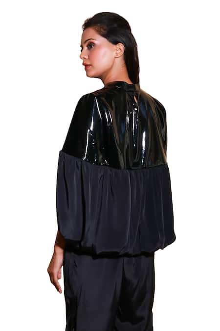 Shop Echke Black Faux Leather High Neck Solid Balloon Sleeve Top And Pant Set Shop_Echke_Black Faux Leather High Neck Solid Balloon Sleeve Top And Pant Set