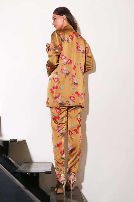 Shop Echke Brown Viscose Floral Print Jacket And Pant Set at Aza Fashions Shop_Echke_Brown Viscose Floral Print Jacket And Pant Set _at_Aza_Fashions