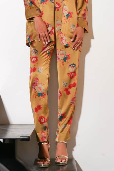 Echke Brown Viscose Floral Print Jacket And Pant Set Online at Aza Fashions Echke_Brown Viscose Floral Print Jacket And Pant Set _Online_at_Aza_Fashions