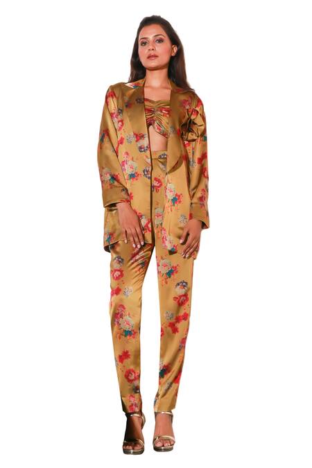 Buy Echke Brown Viscose Floral Print Jacket And Pant Set Online at Aza Fashions Buy_Echke_Brown Viscose Floral Print Jacket And Pant Set _Online_at_Aza_Fashions