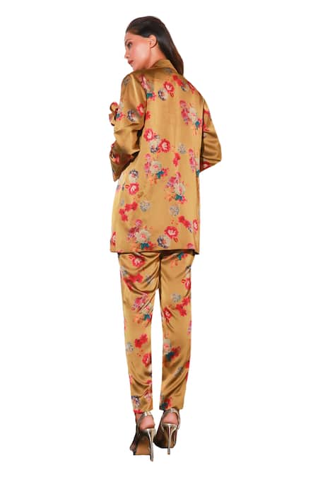 Shop Echke Brown Viscose Floral Print Jacket And Pant Set Shop_Echke_Brown Viscose Floral Print Jacket And Pant Set