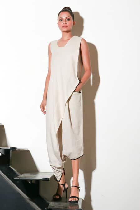 Echke White Linen Asymmetric Solid Jumpsuit Online at Aza Fashions Echke_White Linen Asymmetric Solid Jumpsuit _Online_at_Aza_Fashions