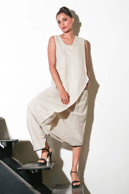 Buy Echke White Linen Asymmetric Solid Jumpsuit Online at Aza Fashions Buy_Echke_White Linen Asymmetric Solid Jumpsuit _Online_at_Aza_Fashions