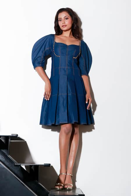 Echke Solid Denim Flared Short Dress 