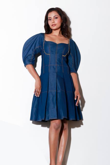 Echke Blue Denim Sweetheart Neck Solid Flared Short Dress Online at Aza Fashions Echke_Blue Denim Sweetheart Neck Solid Flared Short Dress _Online_at_Aza_Fashions
