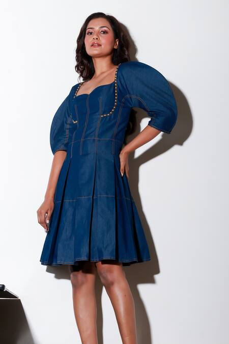 Shop Echke Blue Denim Sweetheart Neck Solid Flared Short Dress Online at Aza Fashions Shop_Echke_Blue Denim Sweetheart Neck Solid Flared Short Dress _Online_at_Aza_Fashions