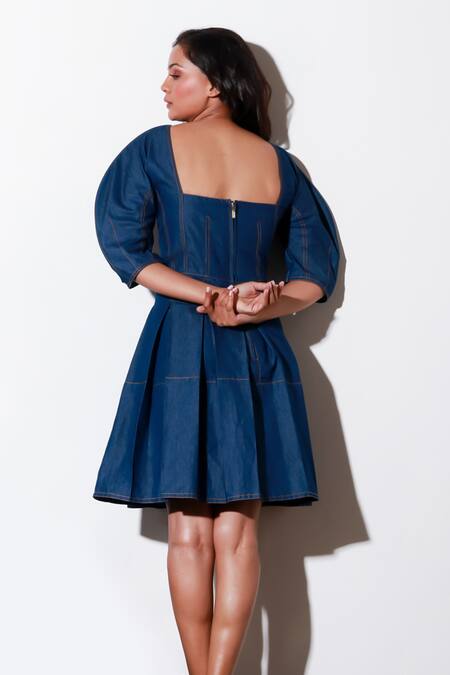 Buy Echke Blue Denim Sweetheart Neck Solid Flared Short Dress Buy_Echke_Blue Denim Sweetheart Neck Solid Flared Short Dress
