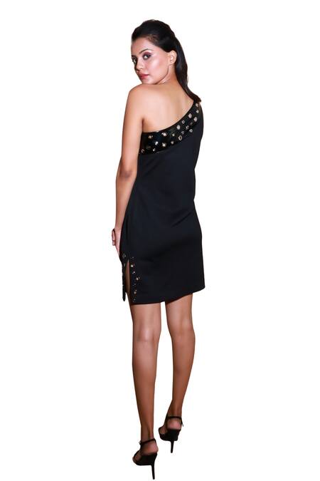 Echke Black Crepe One Shoulder Solid Short Dress at Aza Fashions Echke_Black Crepe One Shoulder Solid Short Dress _at_Aza_Fashions