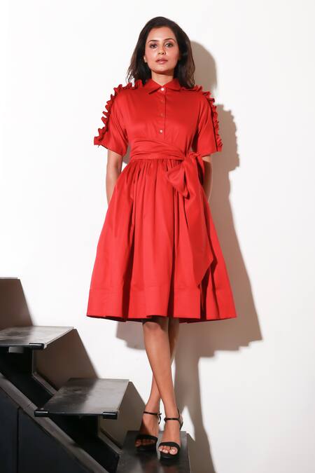 Echke Red Lycra Ruffles Collared Solid Dress Online at Aza Fashions Echke_Red Lycra Ruffles Collared Solid Dress _Online_at_Aza_Fashions