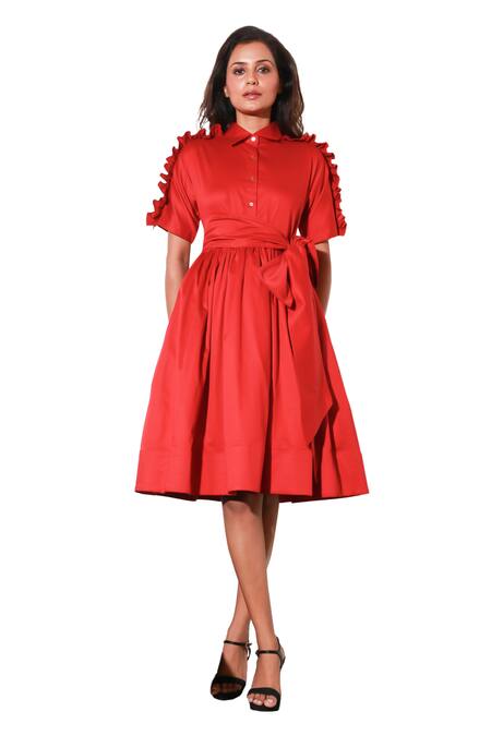 Buy Echke Red Lycra Ruffles Collared Solid Dress Online at Aza Fashions Buy_Echke_Red Lycra Ruffles Collared Solid Dress _Online_at_Aza_Fashions