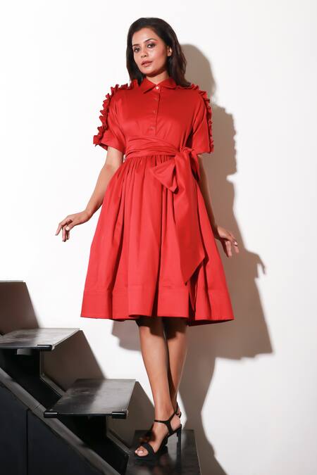 Shop Echke Red Lycra Ruffles Collared Solid Dress Online at Aza Fashions Shop_Echke_Red Lycra Ruffles Collared Solid Dress _Online_at_Aza_Fashions